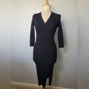 REISS Aletti Knitted Ribbed Black V Neck Bodycon Cocktail Dress SZ M